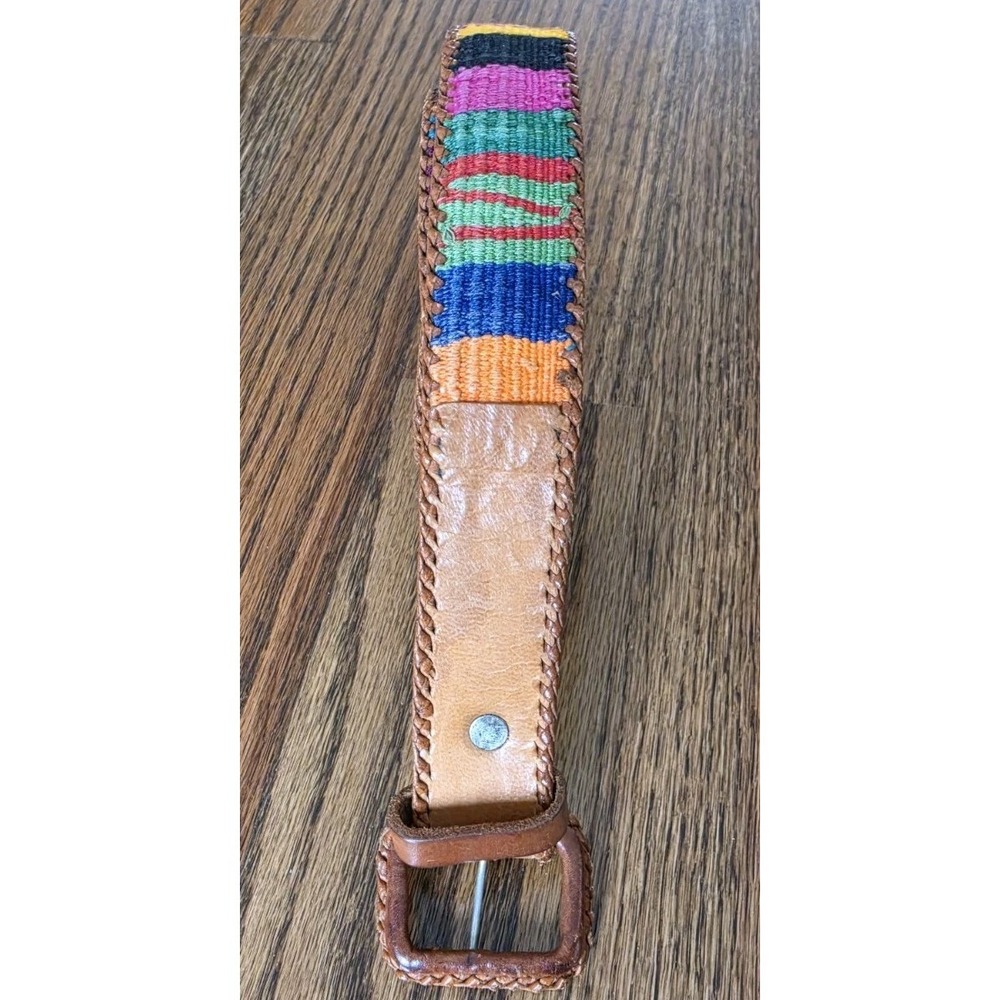 Guatemalan-Style Vintage Hand Woven Embroidered Leather Belt 30"